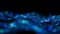 Abstract blue digital wave with glowing particles and flowing lines on black background for technology and futuristic design projects.