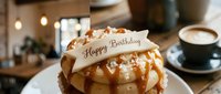 Fluffy pancake stack drizzled with caramel sauce, topped with a Happy Birthday banner decoration, served on a white plate in a cozy cafe.