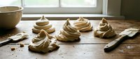 Piped choux pastry mounds arranged on parchment paper with pastry bag and bowl on rustic wooden surface near window, ready for baking or filling for desserts.