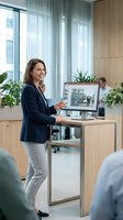Professional businesswoman working at standing desk in modern office environment with natural light and plants for corporate workplace productivity.