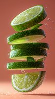 Fresh lime slices floating with water drops against coral background, stacked in levitating layers with mint leaf accent for cocktail and beverage concepts.
