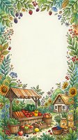 Watercolor frame with farmers market stall, cottage, sunflowers, berries, and fresh vegetables, featuring a blank center for text or design use.