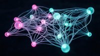 Abstract network visualization with glowing nodes and connections in pink and cyan colors on dark background for technology presentations.