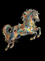 Ornate rearing horse with gold filigree and colorful watercolor details, isolated on transparent background, ready for stickers, t-shirt design, and print on demand.