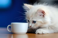 White fluffy kitten with blue eyes sniffing from empty ceramic cup on wooden surface against blurred blue background. Suitable for pet care, animal greeting cards, and lifestyle content.