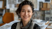 Asian woman in her forties with natural makeup and casual business attire smiling warmly at camera in modern office setting. Professional headshot style with soft natural lighting.