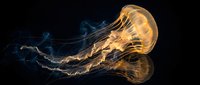 Luminous golden jellyfish floating gracefully in dark ocean waters with flowing tentacles and ethereal glow for marine biology and underwater themes.
