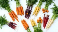 Fresh colorful carrots in rainbow varieties with green tops arranged on white background. Organic root vegetables for healthy cooking and nutrition.