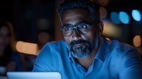 Middle aged Indian man with glasses and gray beard working late at night on laptop, illuminated by screen glow in dark office space with bokeh lights background.