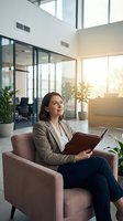 Professional businesswoman reading book in modern office lobby with natural sunlight streaming through large windows creating warm atmosphere.