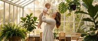 Young Caucasian mother in white dress lifting happy toddler son in bright greenhouse filled with lush green plants. Family bonding moment in botanical conservatory.