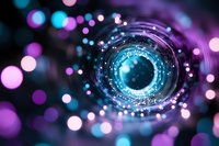 Glowing blue portal with magical sparkles and bokeh lights in purple and turquoise colors creates mystical tunnel effect against dark background.