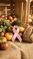 Organic farm produce including tomatoes, bread, and herbs arranged with pink awareness ribbon on burlap for health advocacy and sustainable food campaigns.