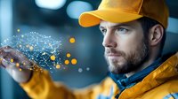 Caucasian male worker in yellow safety gear interacting with glowing digital network visualization against blurred industrial background with bokeh lights.