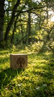 Wooden cube with tree symbol on grass in sunlit forest clearing representing growth, sustainability and environmental consciousness for eco-friendly branding.