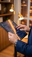 Businessman analyzing financial data and stock market charts on tablet in modern office with warm lighting for investment and trading decisions.