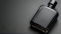 Elegant black glass perfume bottle on dark background with dramatic lighting and reflection. Luxury fragrance packaging with minimalist design.