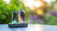 Crystal healing stones on granite base against blurred natural garden background with soft bokeh lights and green foliage, spiritual wellness concept.