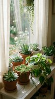 Cozy windowsill garden with various succulents and trailing plants in terracotta pots creating peaceful indoor botanical display for home decor and plant care.