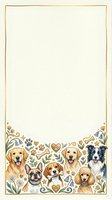Watercolor dog breeds border frame with golden retriever, beagle, poodle and border collie, floral paw print decor, copy space for text.