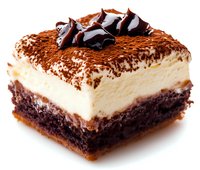 Layered chocolate brownie cheesecake slice with vanilla cream filling, chocolate shavings, and decorative dark chocolate swirls on top against white background.