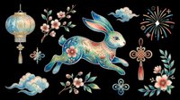 Jumping rabbit with floral patterns, lantern, fireworks, and decorative botanical elements isolated on transparent background. Ready for t-shirt design, clipart, stickers, sublimation, and print-on-demand projects.