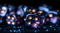 Glowing gaming dice with golden dots on dark background with bokeh lights and sparkles. Mystical board game concept for tabletop gaming and entertainment.