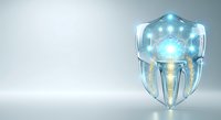 Futuristic shield with glowing blue energy core and crystalline structure, isolated on white background for technology, security, protection, and innovation design projects.