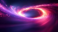 Cosmic black hole with swirling purple and pink accretion disk against dark space background, glowing matter streams creating spiral formation with bright light effects.