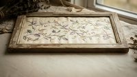 Vintage wooden tray with delicate floral pattern perfect for rustic home decor, farmhouse kitchen styling, and shabby chic interior design projects.
