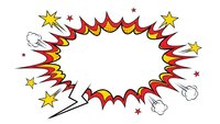 Comic book explosion burst with stars and motion lines on white background for graphic design and print projects.