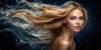 Young woman with flowing blonde hair against dark background with water splash effects and glowing skin. Artistic beauty portrait with dramatic lighting.