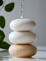 Stacked zen stones with water pouring creating balance and tranquility concept for spa wellness meditation and mindfulness practices in serene setting.
