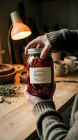 Person holding homemade preserved red fruits in glass jar with label on wooden table under warm lamp light, rustic kitchen setting for food preservation and artisan cooking projects.
