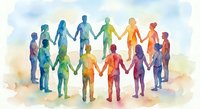 Diverse group of people holding hands in colorful watercolor style forming unity circle representing teamwork, community support and human connection.