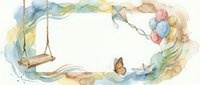 Watercolor frame with wooden swing and butterfly on white background, soft pastel colors for greeting cards, invitations and decorative designs.