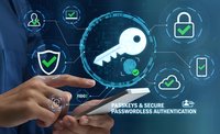 Businessman using smartphone with digital security key interface for passwordless authentication and cybersecurity protection technology.