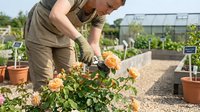 Caucasian male gardener in khaki work clothes tending to orange roses in sunny nursery greenhouse setting with potted plants and growing structures visible in background.