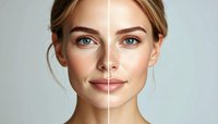 Before and after comparison of facial skin treatment showing improved complexion, reduced blemishes, and enhanced natural beauty on light background.