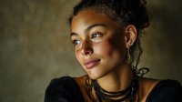 Young mixed-race woman with curly hair and gold jewelry smiling warmly in dramatic lighting for portrait photography and lifestyle content.