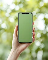 Female hand holding smartphone with green screen against blurred nature background, mockup for app or website presentation.