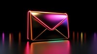 Glowing neon envelope icon with vibrant red and pink light effects on dark background, reflecting surface creates modern communication concept for digital marketing.