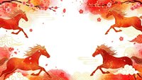 Chinese New Year horses galloping with red watercolor splashes and golden clouds on white background for festive greeting cards and decorations.