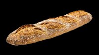 Rustic whole grain baguette with golden crust, isolated on transparent background. Ready for bakery menus, stickers, print on demand, and food clipart design use.