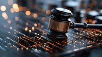 Wooden gavel on digital circuit board with glowing orange lights, representing cyber law, digital justice and technology regulation in modern society.