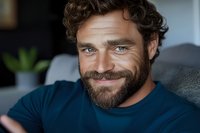 Confident mature Caucasian man with blue eyes and full beard wearing navy t-shirt smiling warmly at camera while relaxing at home. Natural lighting portrait.