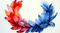 Ethereal feather composition transitioning from vibrant red to serene blue tones, creating graceful curved shape against light background. Artistic macro photography.