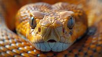 Close-up portrait of orange rattlesnake with detailed scales, piercing eyes, and distinctive facial features showing natural reptile texture in wildlife habitat.