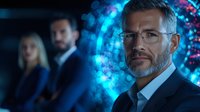 Mature Caucasian businessman with glasses and gray hair in dark suit against futuristic blue digital background, technology concept for corporate innovation and leadership.