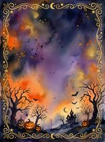 Watercolor Halloween night scene with glowing pumpkins, haunted house, bats, bare trees, and golden ornate frame on dark purple sky.